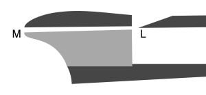Abbildung 7: Das Mundstück einer jeder Blockflöte entspricht dem Prinzip der Trillerpfeife. Man bläst bei (M) am Schnabel.  Die Luft geht durch einen Windkanal und stößt auf (L), wo der Klang erzeugt wird.